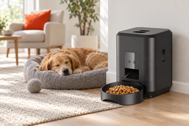 The FeedLogic against a living room wall with its bowl full of kibble, a dog asleep in a pet bed beside it