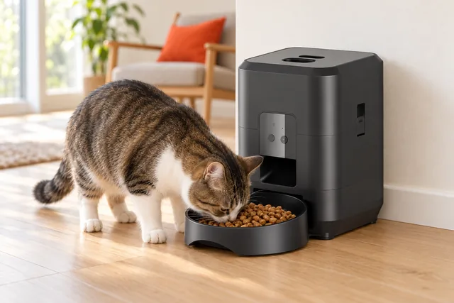 A cat eating kibble from the FeedLogic's bowl, the feeder standing against the wall of a bright room