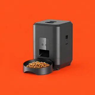 FeedLogic, the dark gray automatic pet feeder with its black bowl of kibble in front, on a vermilion background