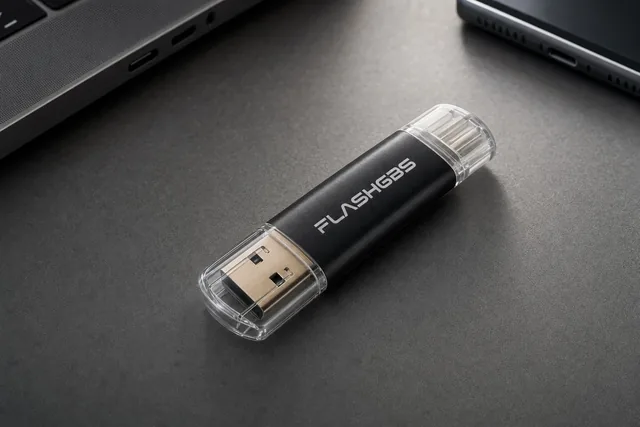 Der FlashGBS liegt auf einem grauen Schreibtisch, USB-A- und USB-C-Stecker unter durchsichtigen Kappen, dahinter die Ecken eines Laptops und eines Handys