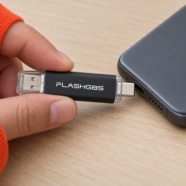 Finger stecken den schwarzen FlashGBS mit dem USB-C-Ende in die Buchse eines Handys, das mit dem Display nach unten liegt, das USB-A-Ende unter einer durchsichtigen Kappe
