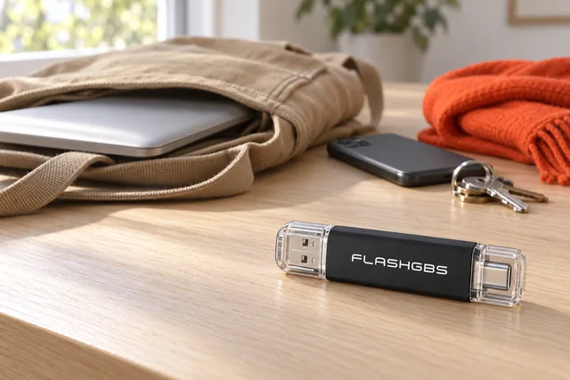 Der schwarze FlashGBS liegt auf einem Schreibtisch neben einer Stofftasche mit einem Laptop darin, dahinter ein Handy und Schlüssel, beide Enden unter durchsichtigen Kappen