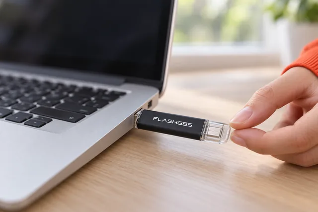 Der schwarze FlashGBS steckt mit dem USB-A-Ende seitlich in einem Laptop auf einem Schreibtisch, Fingerspitzen lassen ihn los, das USB-C-Ende unter einer durchsichtigen Kappe
