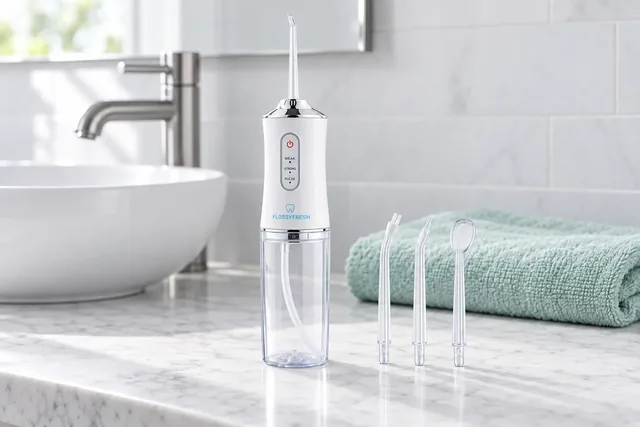 The white FlossyFresh standing on a marble counter by a basin and a tap, its three spare clear nozzles standing beside it