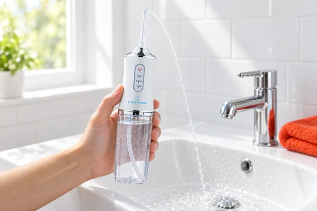 A hand holding the white FlossyFresh flosser upright above a bathroom basin, its clear tank full and a thin jet arcing from the nozzle
