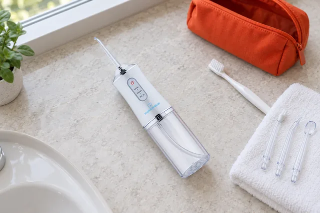 The white FlossyFresh flosser lying on a bathroom counter beside a washbag and a toothbrush, three spare nozzles on a folded towel