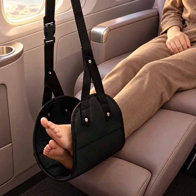 Los dos pies descalzos apoyados en la hamaca negra del FlyRest junto a un asiento de ventanilla de avión, con la cinta y la hebilla subiendo fuera de la imagen
