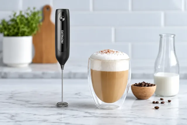 The black FrothLuxe standing upright on a white marble counter beside a glass of coffee topped with thick foam, a bottle of milk and a bowl of coffee beans