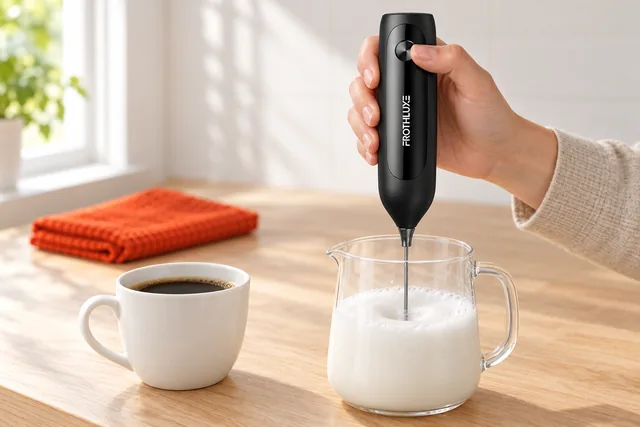 A hand holding the black FrothLuxe with its whisk in a glass jug of milk, foam rising, a cup of black coffee beside it