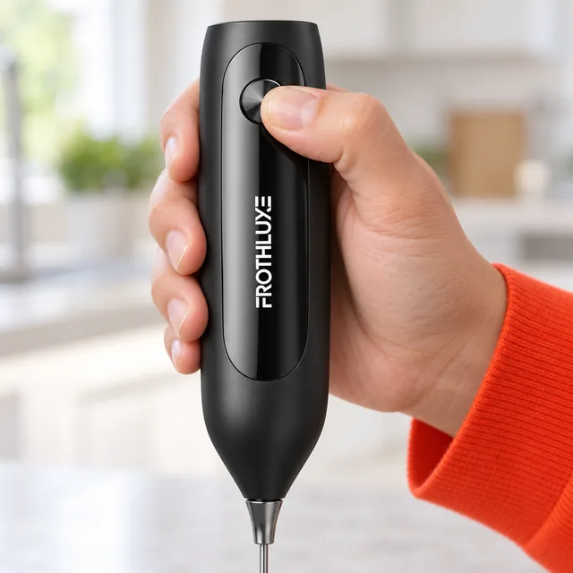 A thumb on the round silver button at the top of the black FrothLuxe, its wordmark running down the body