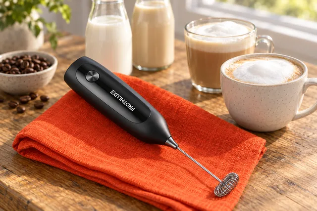 The black FrothLuxe lying on a napkin on a breakfast table beside two cups of coffee with foam, a bottle of milk, a bottle of oat milk and a bowl of coffee beans