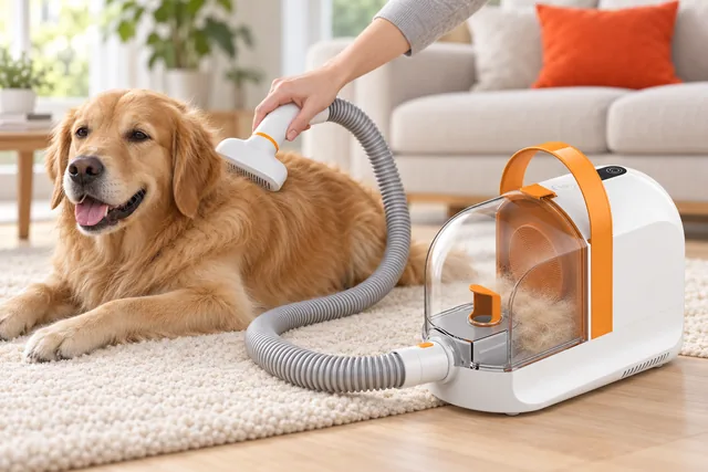 En hånd med FurVac 360's børstehoved børster en golden retriever, der ligger på et tæppe. Den grå slange går hen til den hvide støvsuger, og der ligger løse hår i den gennemsigtige beholder