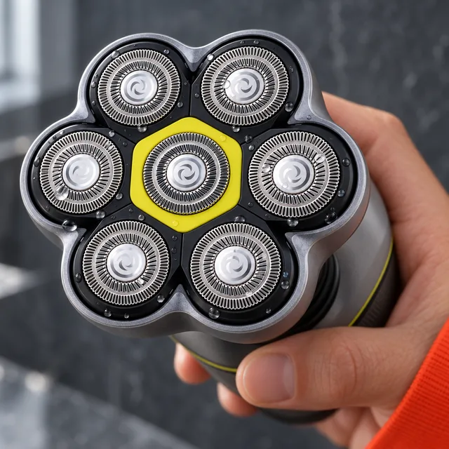 A hand tilting the GroomWerk toward the camera, its black flower shaped head unit with round chrome blade rings around a yellow center filling the view
