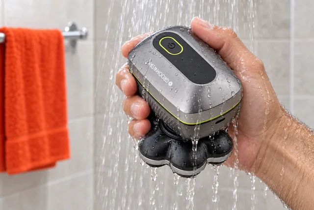 A wet hand holding the gunmetal GroomWerk shaver under a running shower, water running off its body and its head unit below