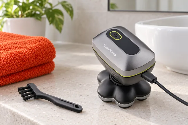The GroomWerk standing on its head unit on a bathroom counter by the basin, a USB-C cable plugged into its back and its cleaning brush beside it