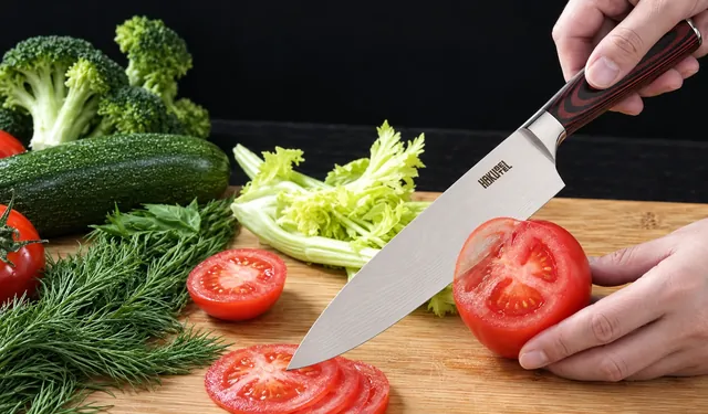 To hænder skærer en tomat i skiver med HakuSteel-kniven på et træbræt, med broccoli, en squash, bladselleri og dild bagved