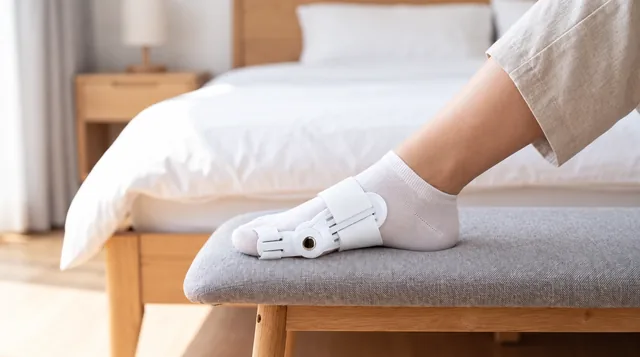 A foot in a white sock wearing the white HalluxGuard splint, resting on a gray bench at the foot of a bed