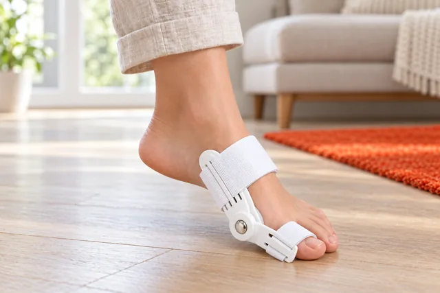 A bare foot wearing the white HalluxGuard splint mid-step on a wooden floor, its hinge at the big toe joint and the strap round the forefoot