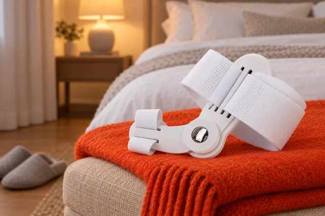 The white HalluxGuard splint lying on a folded throw on a bench at the foot of a bed in warm lamp light, a pair of slippers on the floor