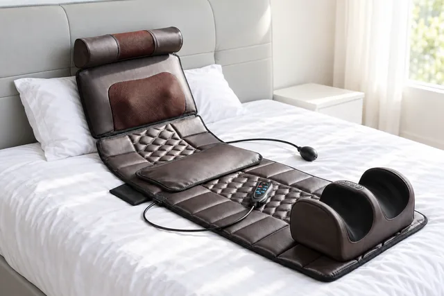 The HarmonyMat Pro laid out on a bed: the dark brown quilted mat with its back raised, the neck roll and head pillow, the small cushion with its pump bulb, the wired controller and the foot massager