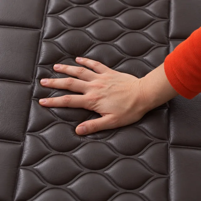 An open hand pressing into the quilted center of the brown HarmonyMat Pro, its oval pads between rectangular panels
