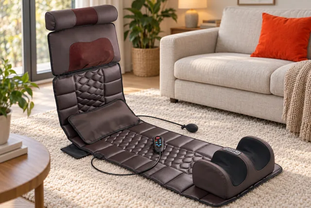 The brown HarmonyMat Pro laid out on a rug by a sofa, its back section raised with the neck roll and head pillow, the controller on the mat and the foot massager at its end