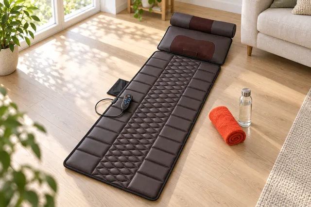 The brown HarmonyMat Pro laid flat on a wooden floor in a bright living room, its controller on the mat, a rolled towel and a water bottle beside it