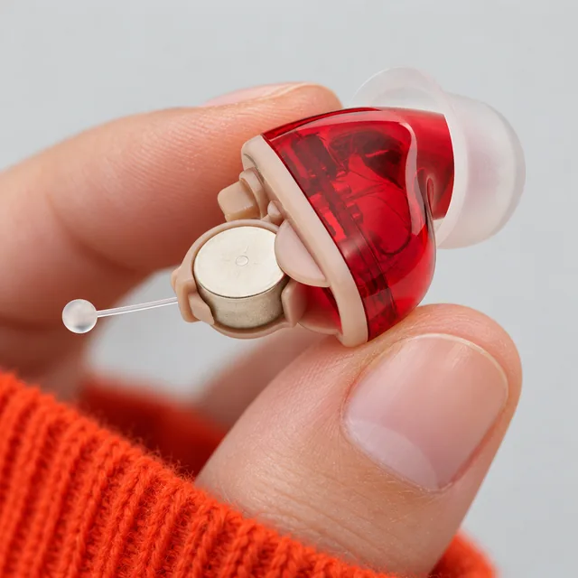 Fingerspidser holder HearClear Pros røde apparat til højre øre med batterilågen åben, så knapcellen i holderen, den gennemsigtige øretip og udtrækstråden ses