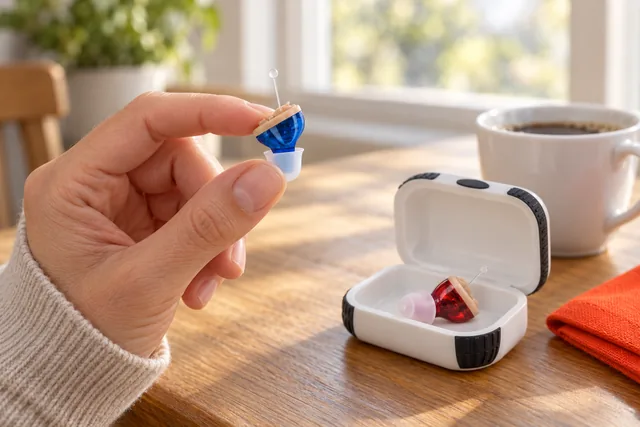 En hånd holder HearClear Pros lille blå apparat til venstre øre ved et køkkenbord, med det røde til højre øre i sit åbne hvide etui ved siden af en kop kaffe
