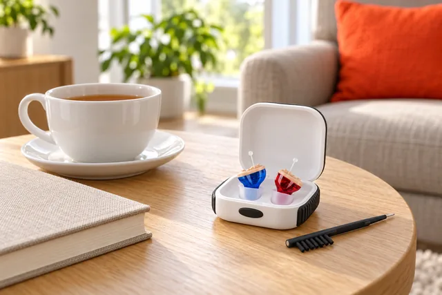 Det åbne hvide HearClear Pro-etui står på et sidebord med det blå og det røde apparat i, med en kop te, en bog og en rensebørste ved siden af