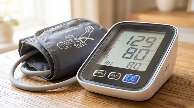 The white HeartiPro monitor with its large lit display on a wooden table, the gray cuff and its tube beside it
