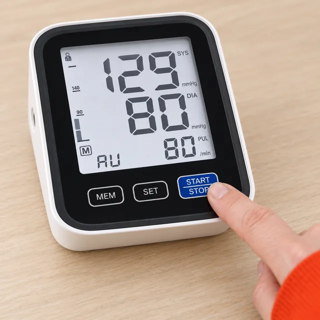 A fingertip pressing the blue START/STOP button of the HeartiPro, the MEM and SET buttons beside it and the large display lit above
