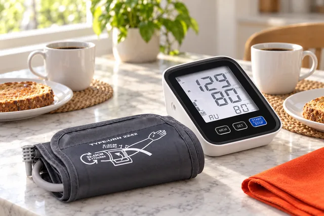 The HeartiPro monitor on a breakfast table set for two, its gray cuff folded beside it, two cups of coffee and plates of toast around it