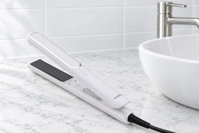 The white HeatBliss flat iron lying open on a white marble counter beside a basin, its silver rimmed top plate, its dark plate and its five temperature marks in view