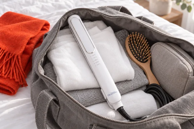 The closed white HeatBliss lying in an open weekend bag among folded clothes and a hairbrush, its cord coiled beside it