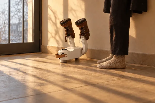 The white HeatTread on a tiled floor by a glass door in low sun, a pair of brown leather boots upside down on its two arms, a person's socked feet beside it
