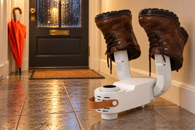 A pair of wet leather boots upside down on the arms of the white HeatTread on a tiled hallway floor by the front door, an umbrella in the corner
