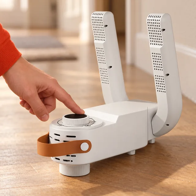 A fingertip on the round control at the end of the white HeatTread, its tan strap below and its two arms upright behind