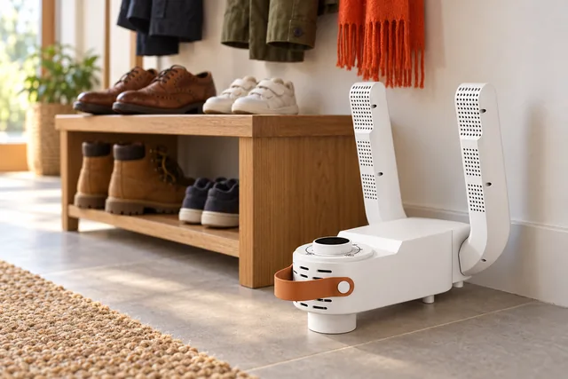 The white HeatTread on a hallway floor beside a wooden shoe bench holding brogues, trainers and work boots, coats on hooks above