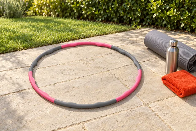 The pink and gray HoopaLoop lying on a stone patio beside a lawn, a rolled yoga mat, a steel water bottle and a folded towel beside it
