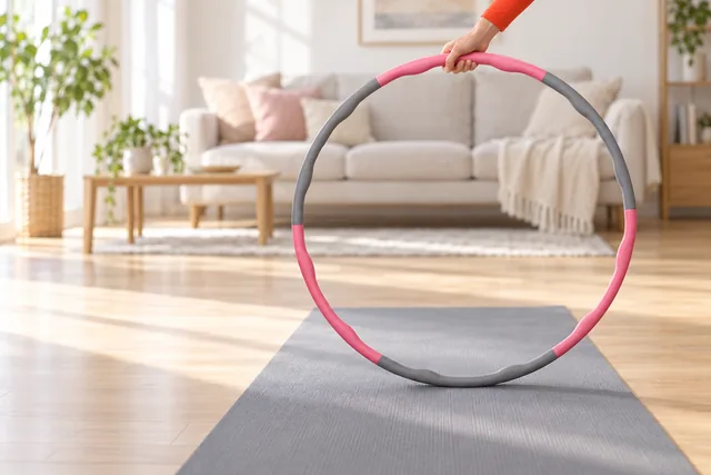 A hand holding the pink and gray HoopaLoop upright on a yoga mat in a bright living room