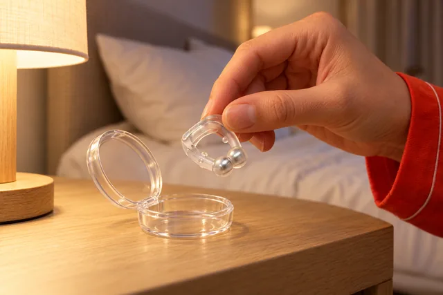 A hand lifting the clear HushDream nose clip with its two silver spheres out of its open case on a bedside table, a lamp on