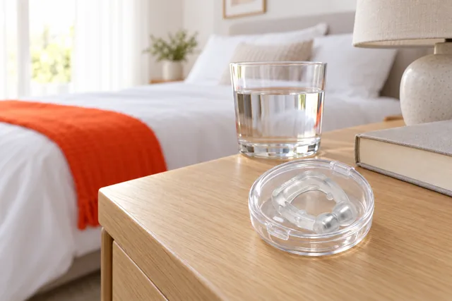 The closed clear case with the HushDream clip inside on a bedside table beside a glass of water and a book, a bed with a throw behind