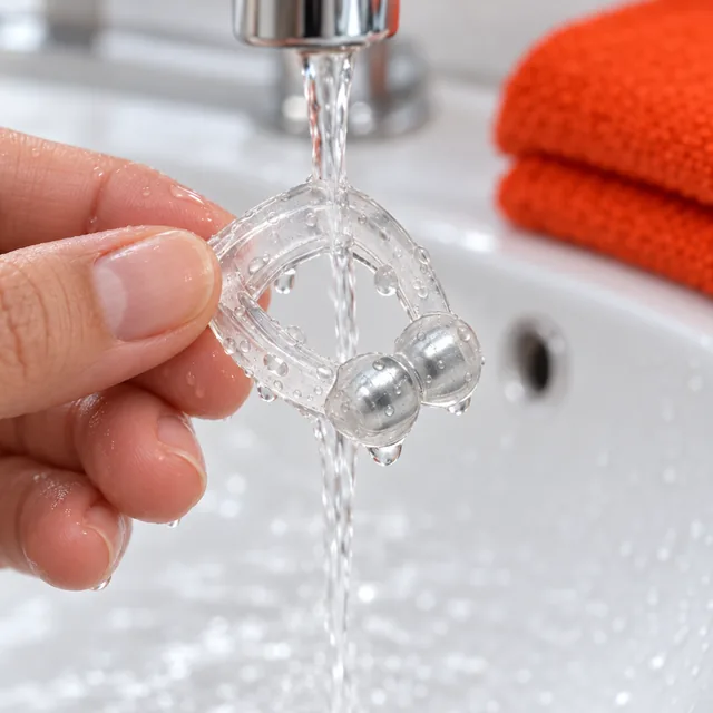 Fingers holding the clear HushDream clip under a thin stream from the tap, its U shaped band and two silver spheres in view