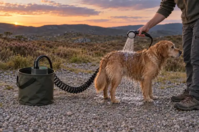 A hand holding the HydroNomad hand shower over a wet golden retriever on a gravel track at sunset, the coiled hose running back to the gray pump