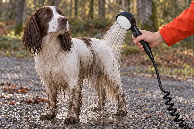 A hand rinsing a muddy spaniel with the HydroNomad hand shower on the gravel at the edge of a wood, its coiled hose hanging from the handle