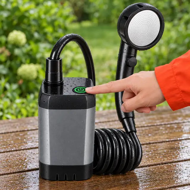 A fingertip on the green ring power button on top of the gray HydroNomad pump, its hose and hand shower beside it on a wet deck