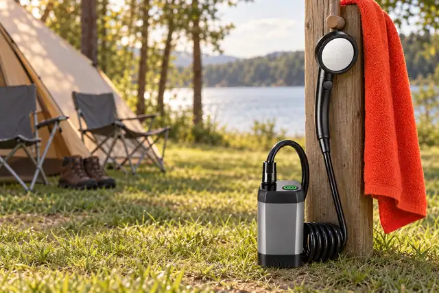 The HydroNomad hand shower hung on a wooden post at a lakeside campsite, the gray pump on the grass below and a towel over the post
