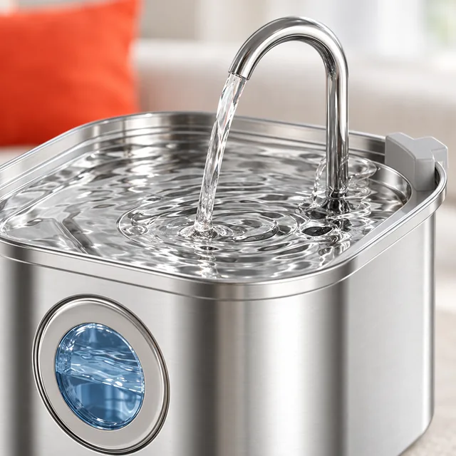 Close on the curved stainless spout of the HydroPurr pouring an arc of water into the shallow dish, the round porthole below