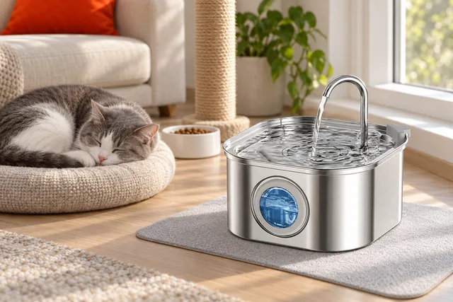 The stainless HydroPurr fountain on a mat in a living room corner, a cat asleep on a round cushion beside it and a scratching post behind